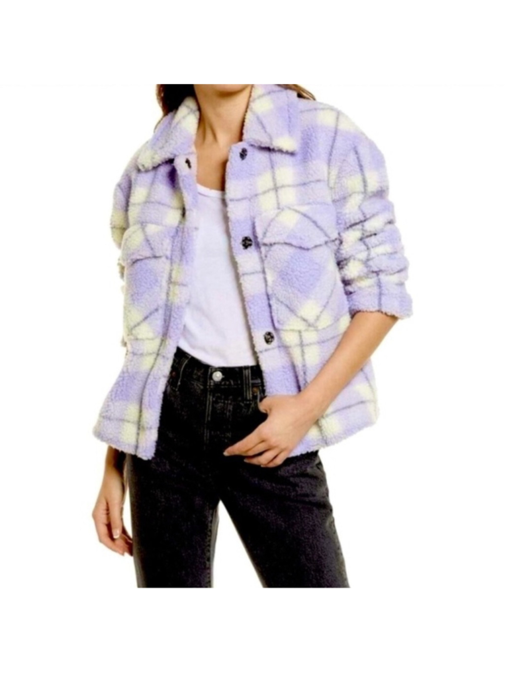 7 FOR ALL MANKIND lilac white plaid sherpa jacket Small